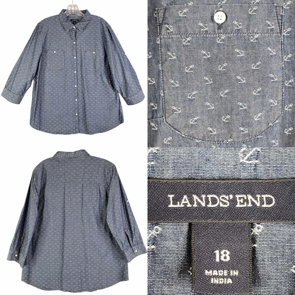 Lands End Button Down Shirt Cotton Long Sleeve Blue Nautical Women’s Size 18